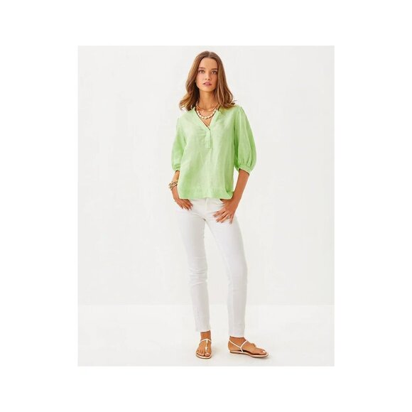 Lilly Pulitzer Maleigh Linen Top Jade Lime Resort Elbow Sleeve Size 8 NWT - Picture 2 of 9